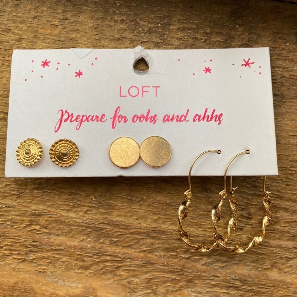 ANN Taylor Loft gold hoops and‎ studs earring trio